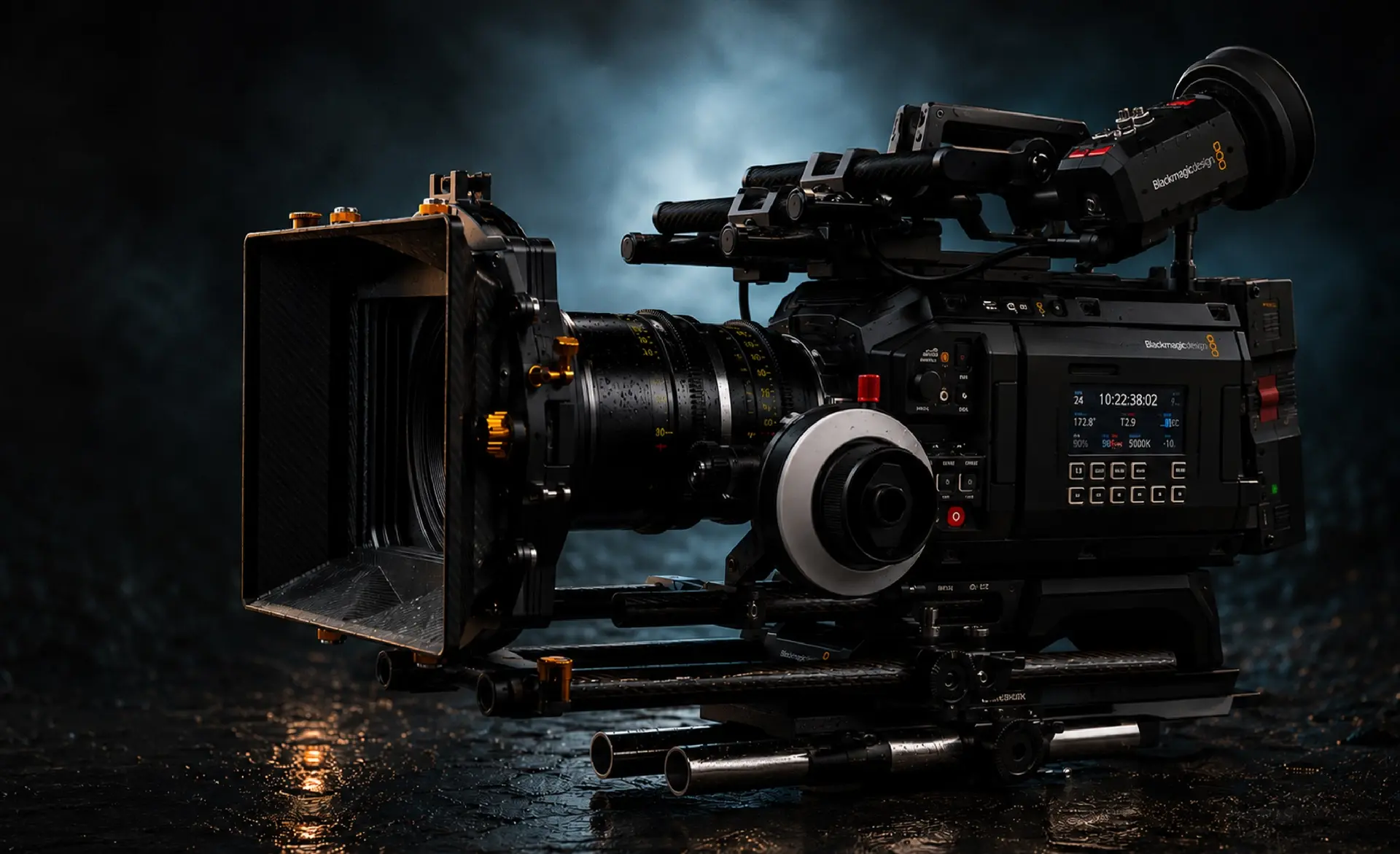 Blackmagic Cinema Camera With Matte Box On a Dark Film Set